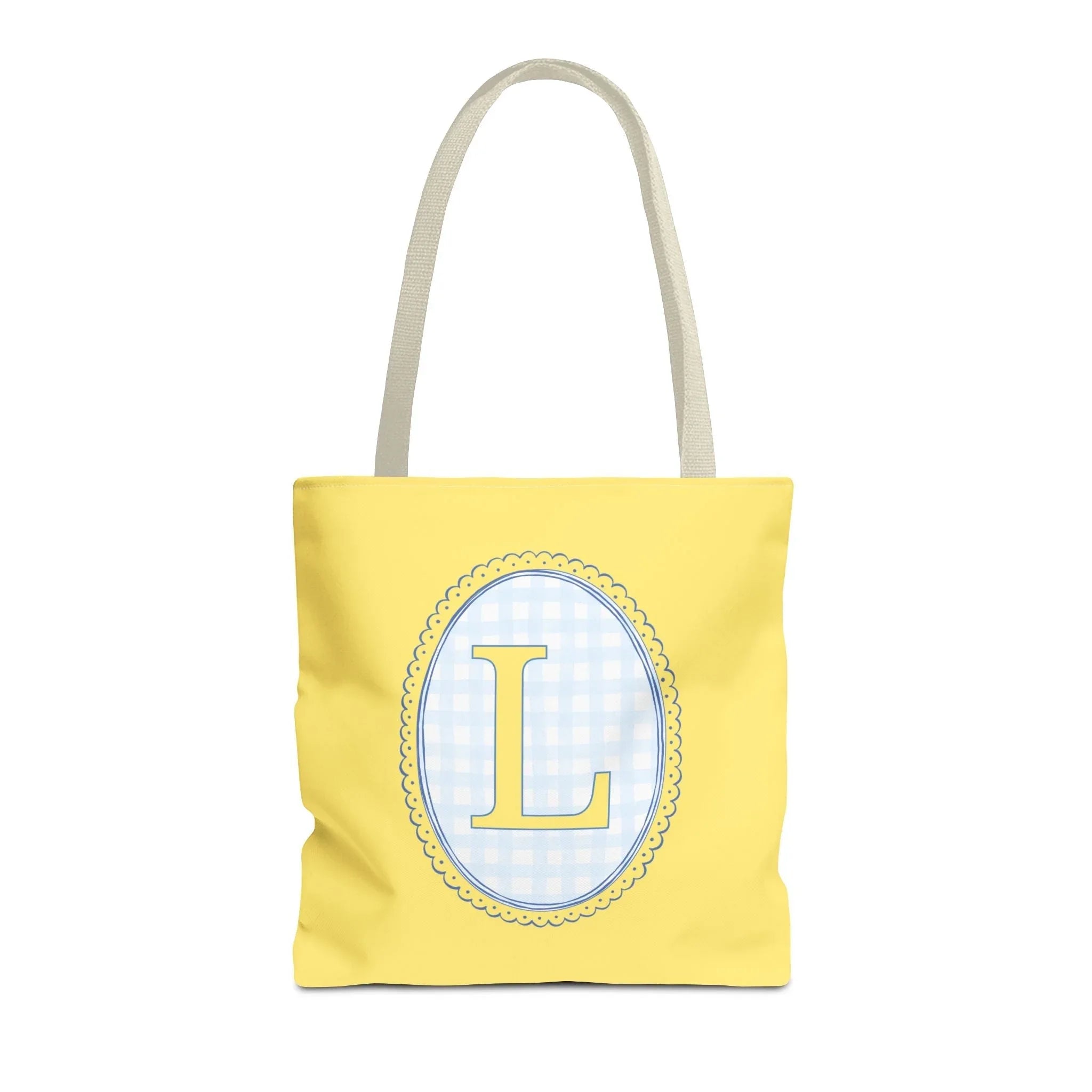Custom Gingham Initial Tote Bag with Blue and Yellow Flowers, Cute Blue Gingham Pattern, Wildflower Retro Aesthetic Tote Bag with Letter: L - BIG FRENCHIES