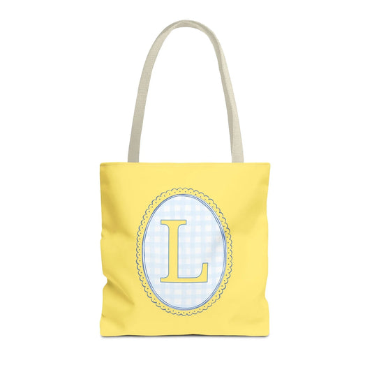 Custom Gingham Initial Tote Bag with Blue and Yellow Flowers, Cute Blue Gingham Pattern, Wildflower Retro Aesthetic Tote Bag with Letter: L - BIG FRENCHIES