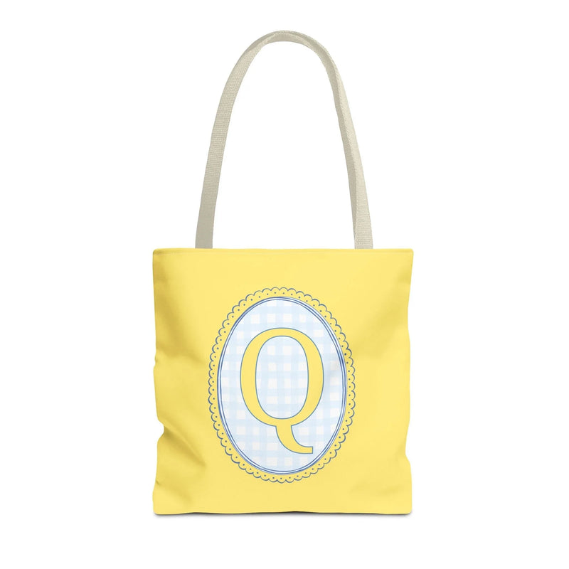Custom Gingham Initial Tote Bag with Blue and Yellow Flowers, Cute Blue Gingham Pattern, Wildflower Retro Aesthetic Tote Bag with Letter: Q - BIG FRENCHIES
