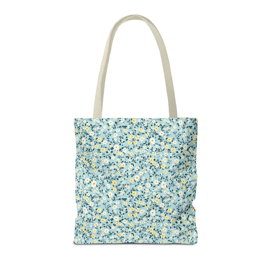 Custom Gingham Initial Tote Bag with Blue and Yellow Flowers, Cute Blue Gingham Pattern, Wildflower Retro Aesthetic Tote Bag with Letter: R - BIG FRENCHIES