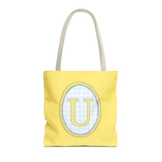 Custom Gingham Initial Tote Bag with Blue and Yellow Flowers, Cute Blue Gingham Pattern, Wildflower Retro Aesthetic Tote Bag with Letter: U - BIG FRENCHIES