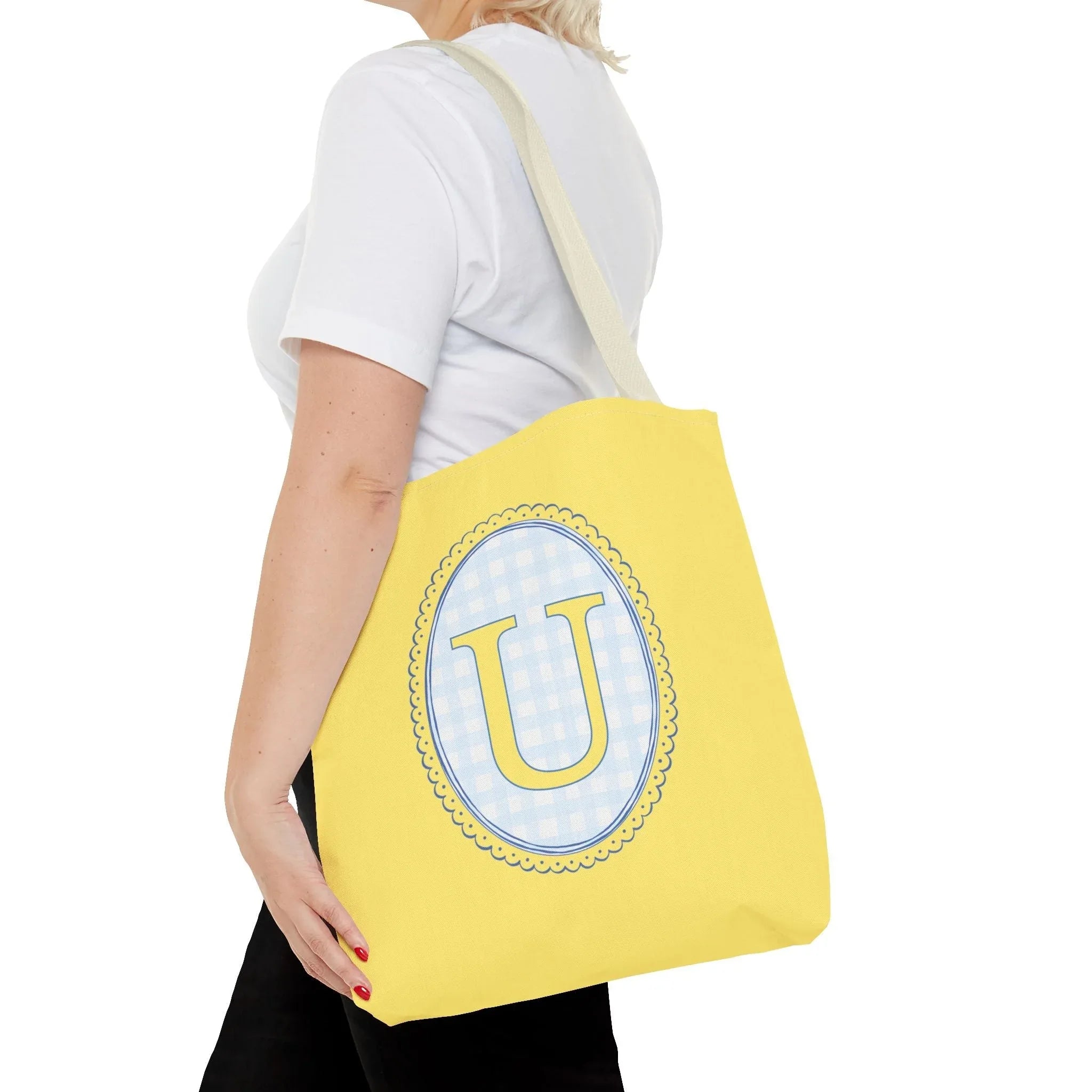 Custom Gingham Initial Tote Bag with Blue and Yellow Flowers, Cute Blue Gingham Pattern, Wildflower Retro Aesthetic Tote Bag with Letter: U - BIG FRENCHIES