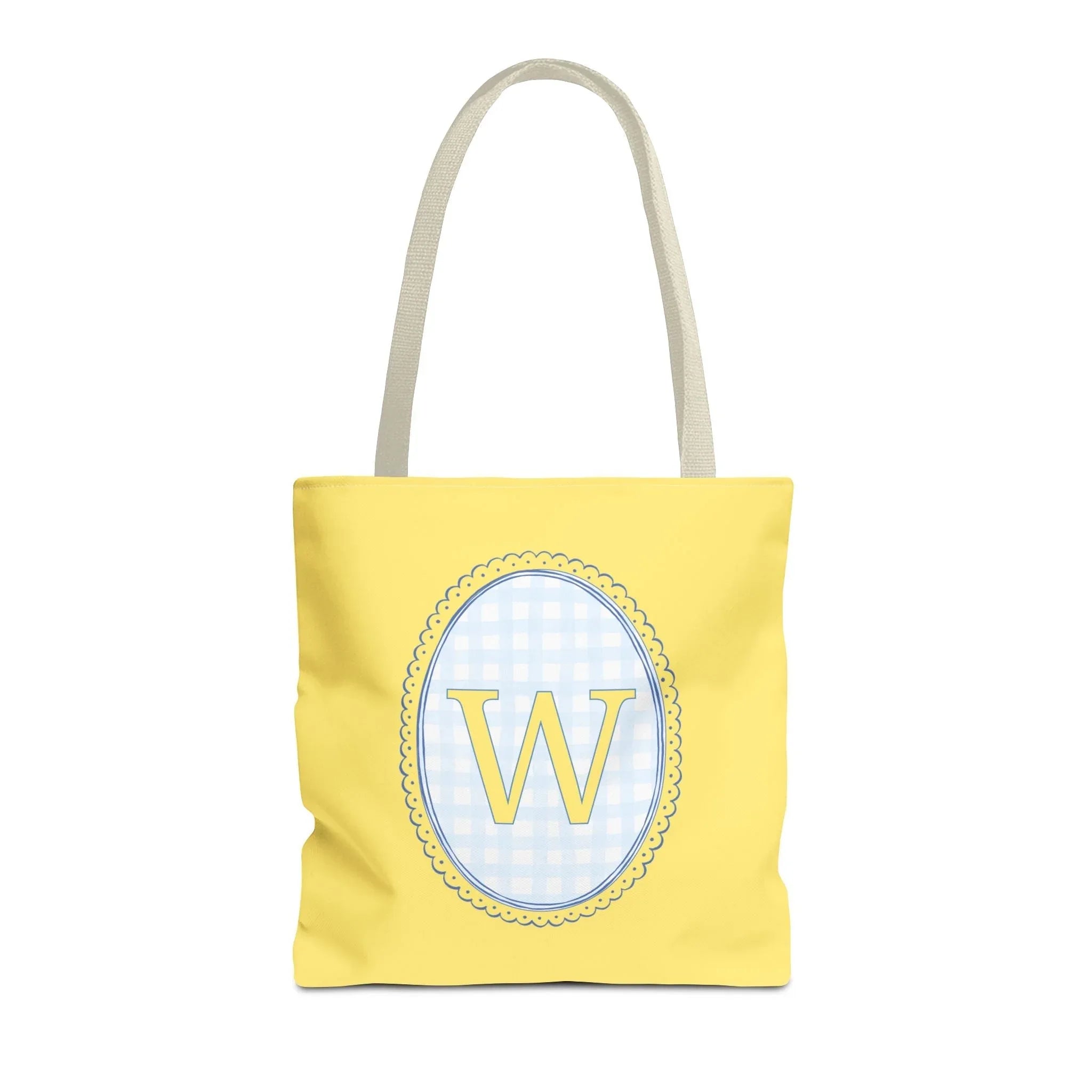 Custom Gingham Initial Tote Bag with Blue and Yellow Flowers, Cute Blue Gingham Pattern, Wildflower Retro Aesthetic Tote Bag with Letter: W - BIG FRENCHIES