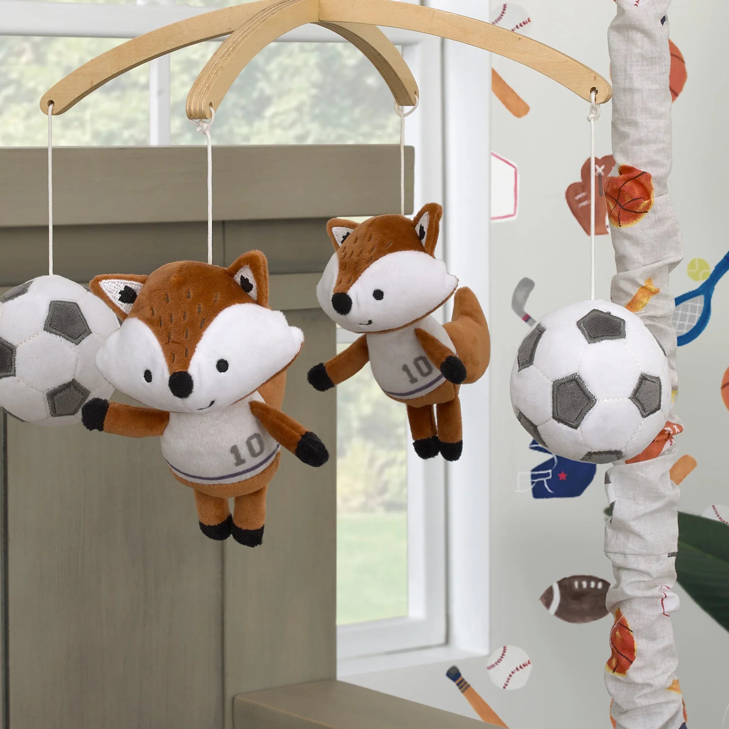 Team All Star Brown, White, Black and Grey, Fox with Soccer Balls Plush Musical Mobile - BIG FRENCHIES
