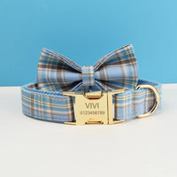 Dog Collar Leash Harness Set, Blue Plaid