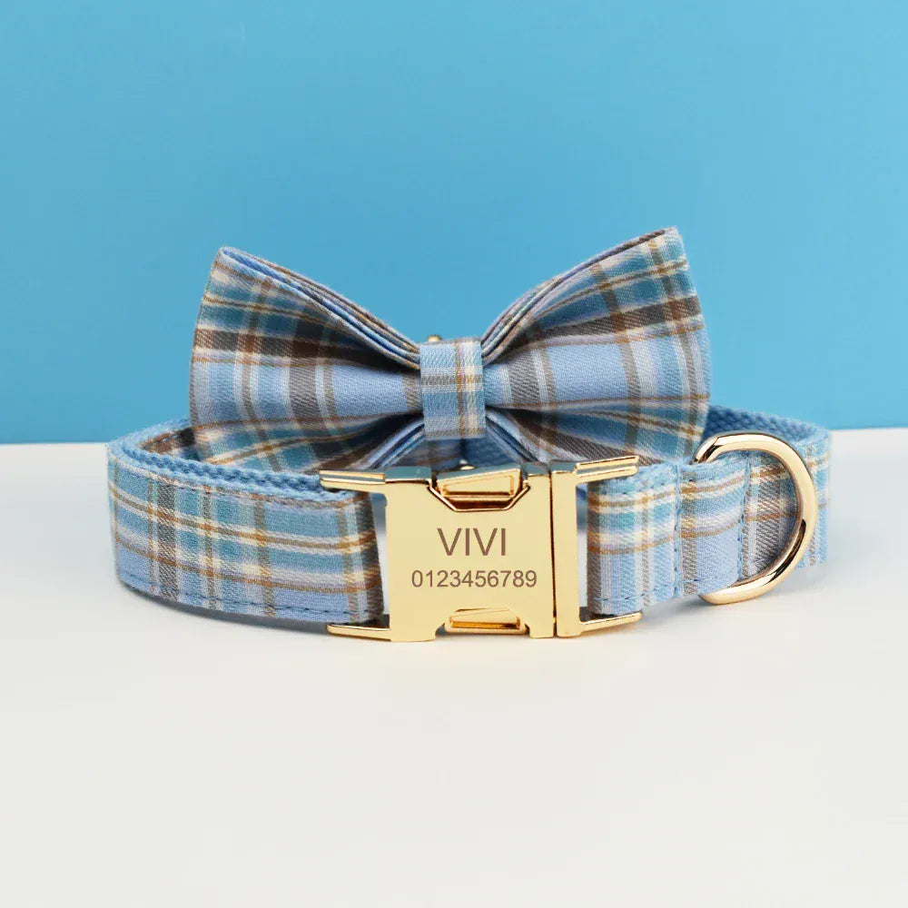 Dog Collar Leash Harness Set, Blue Plaid