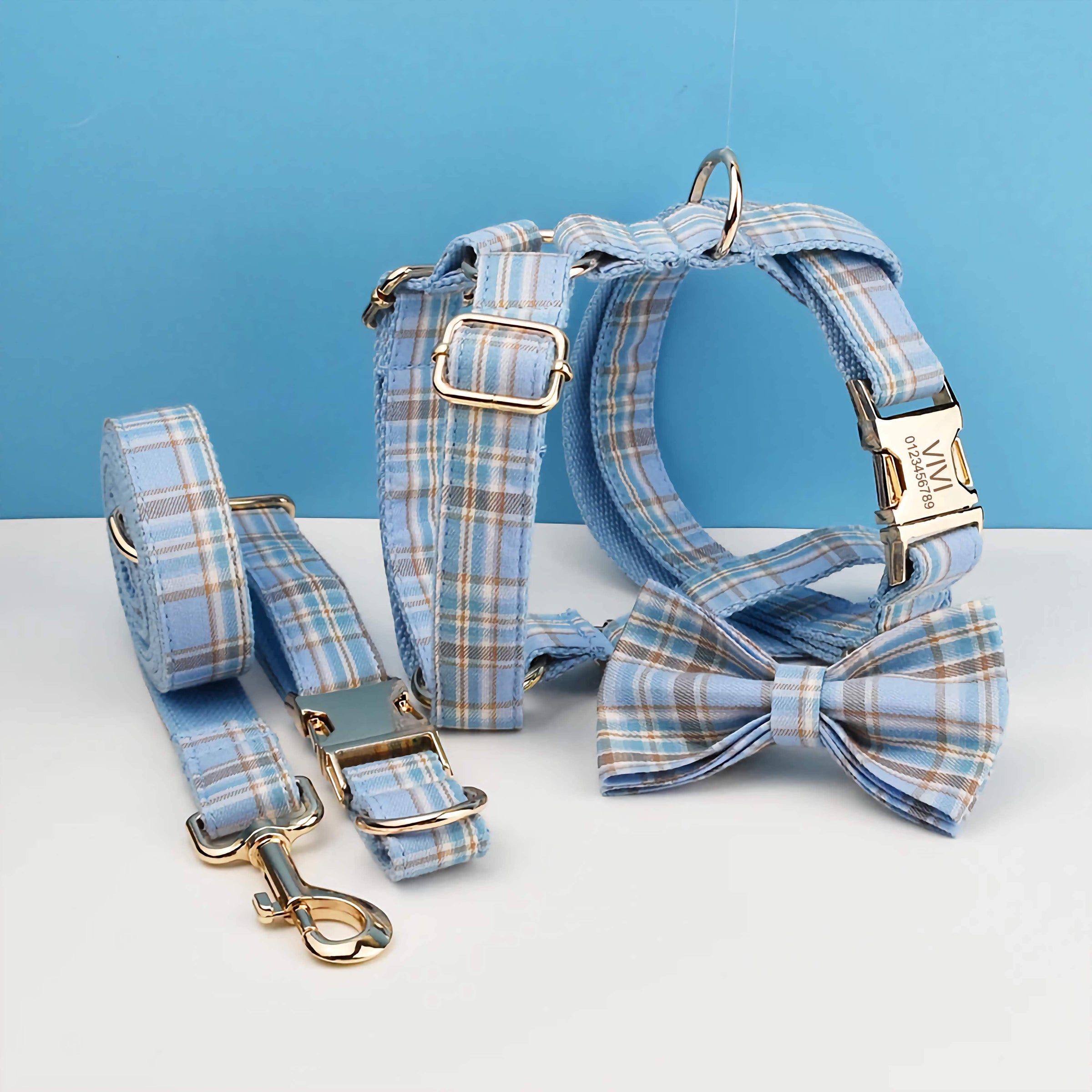 Dog Collar Leash Harness Set, Blue Plaid