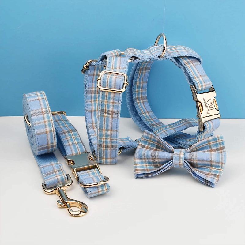 Dog Collar Leash Harness Set, Blue Plaid-Pet Collars & Leashes-BIG FRENCHIES-DDPaws