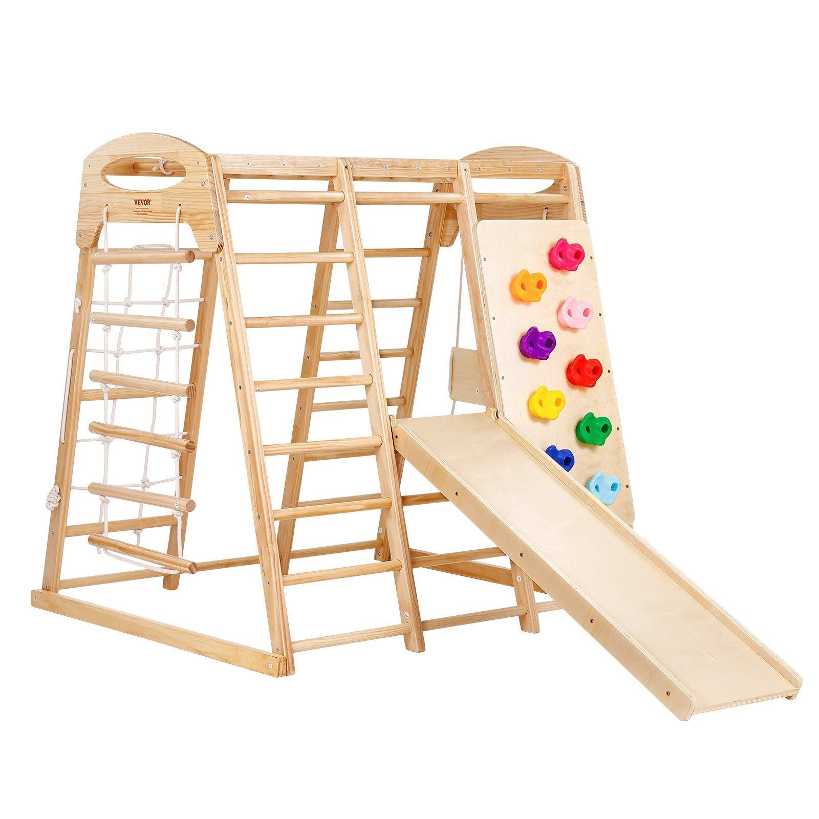Indoor Jungle Gym, 7-in-1 Toddler Indoor Playground, Wooden Toddler Climbing Toys Indoor with Wood & Rope Ladder, Net Ladder, Swing, Monkey Bar, Slide, Climbing Wall, 47.2 x 58 x 56in - BIG FRENCHIES