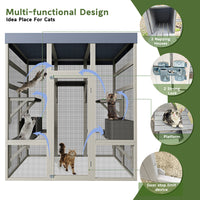 Gray Wooden Catio Pet Enclosure with Waterproof Top, Spacious and Secure Cat House & Small Animal Cage,2 Napping Boxes