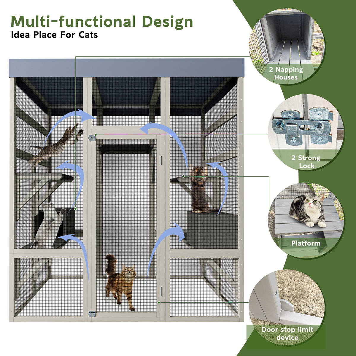 Gray Wooden Catio Pet Enclosure with Waterproof Top, Spacious and Secure Cat House & Small Animal Cage,2 Napping Boxes