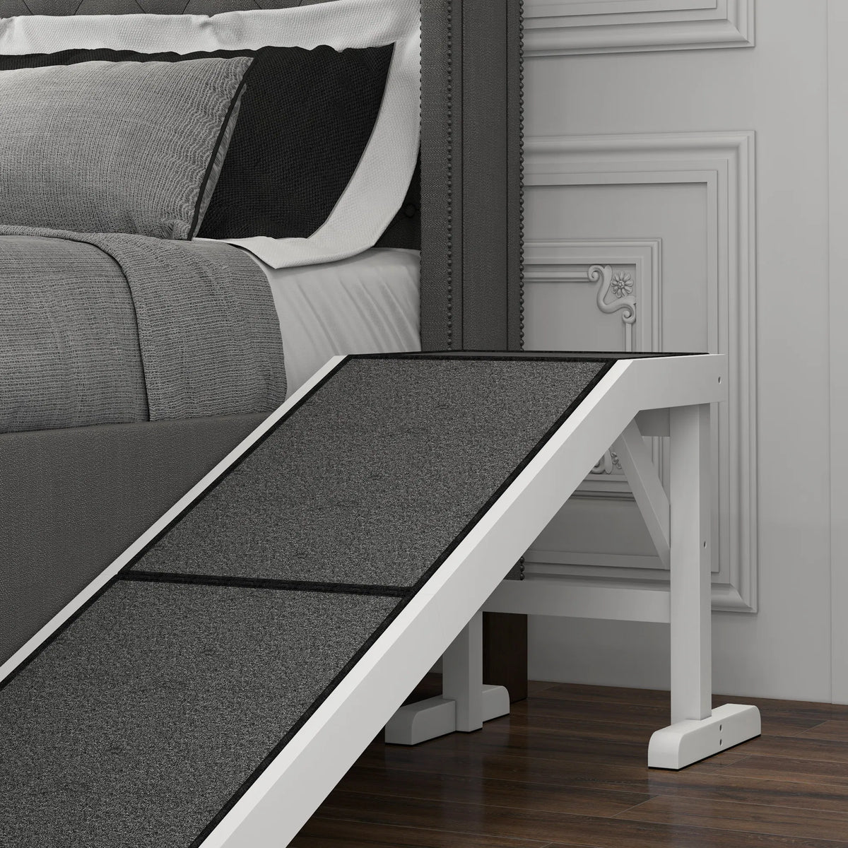 Pet Ramp Bed Steps for Dogs Cats Non-slip Carpet Top Platform Pine Wood 59"L x 16"W x 20"H White