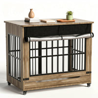 46in Large Dog Crate Furniture, Double Door Wooden Indoor Dog Kennel Furniture, Decorative Pet Cage End Table With Wheel