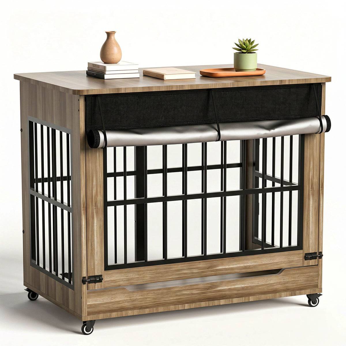 46in Large Dog Crate Furniture, Double Door Wooden Indoor Dog Kennel Furniture, Decorative Pet Cage End Table With Wheel