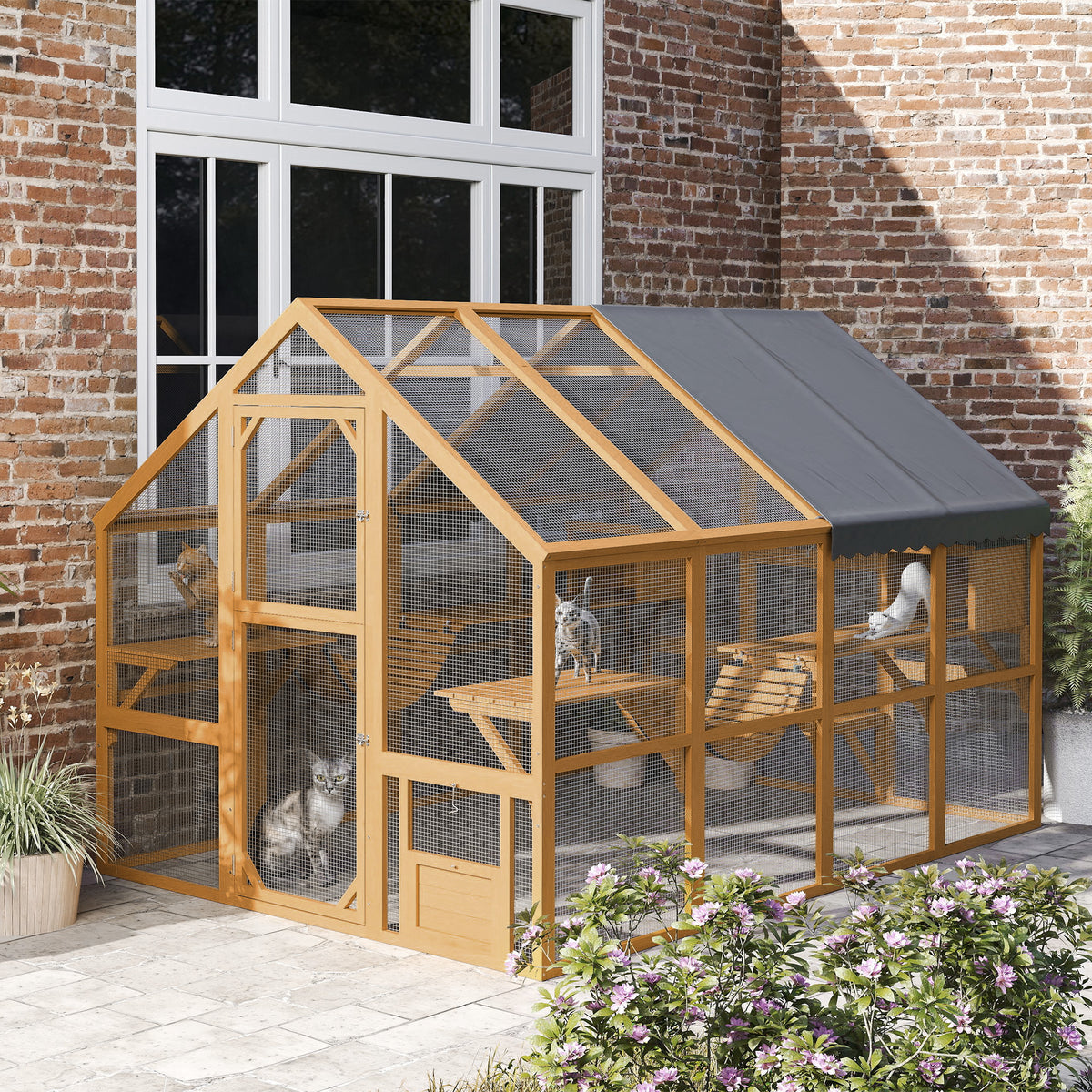 Wooden Catio Outdoor Cat Enclosure, Large Cat House with Waterproof Cover, 2 Condos, 6 Platforms, Bridge, Doors, Yellow