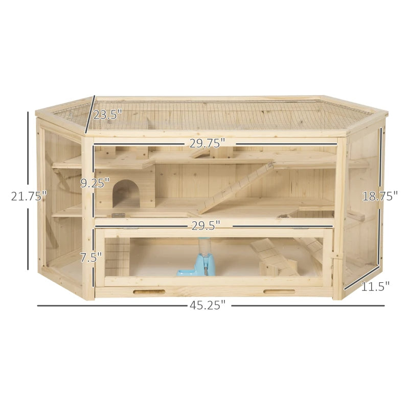 Wooden Large Hamster Cage Small Animal Exercise Play House 3 Tier With Tray, Seesaws, Water Bottle, Activity Center, Nat