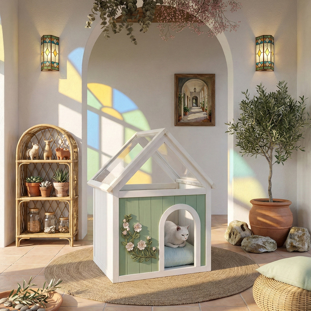 SAGE FSC-Certified Cedar Indoor Cat House with Clear Acrylic Roof – Wooden Pet House for Small Cats & Dogs