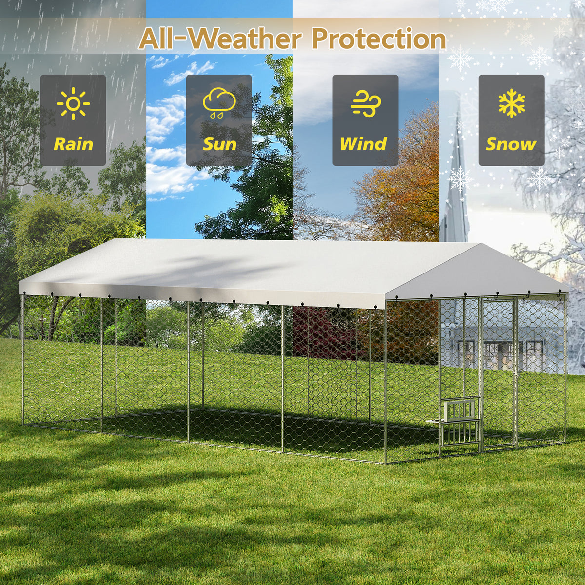 20x10 FT Large Outdoor Dog Kennel with Canopy, Heavy Duty Galvanized Steel Frame, Waterproof Cover, Built-in Elevated Fe