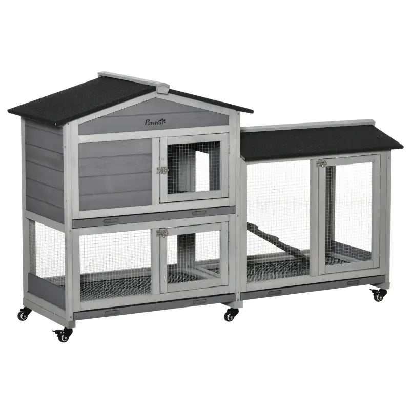 Wooden Mobile Rabbit Hutch With Wheels, Run Box, Slide-out Tray, Ramp