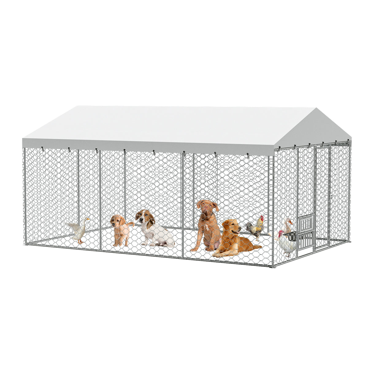 15x10 FT Large Outdoor Dog Kennel with Canopy, Heavy Duty Galvanized Steel Frame, Waterproof Cover, Built-in Elevated Fe