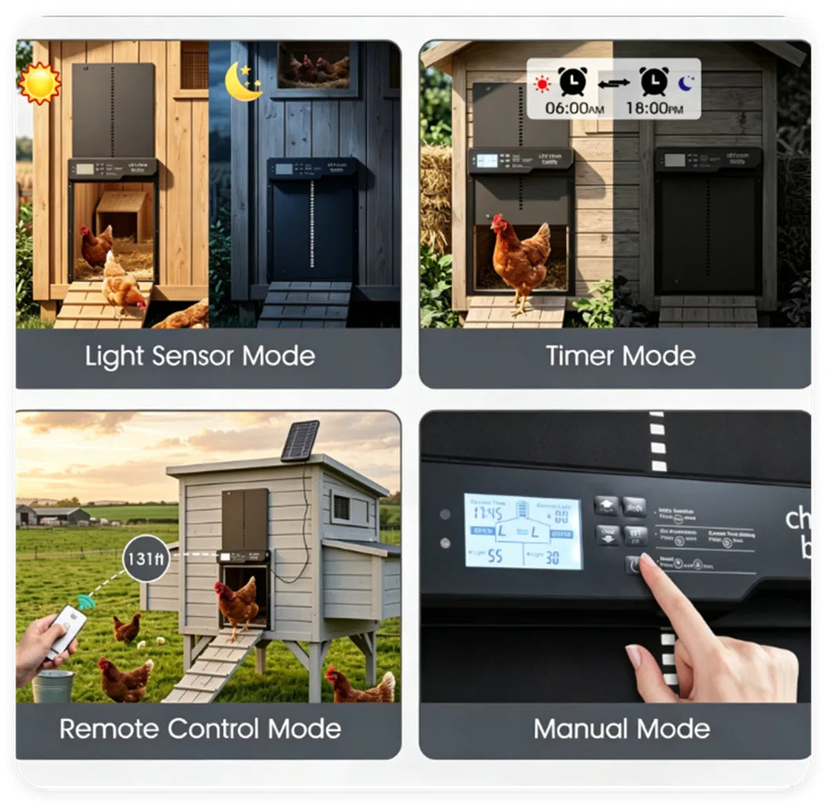 Solar Powered Automatic Chicken Coop Door with 4 Control Modes Light Sensor Timer Remote Manual, Anti-Pinch Weatherproof