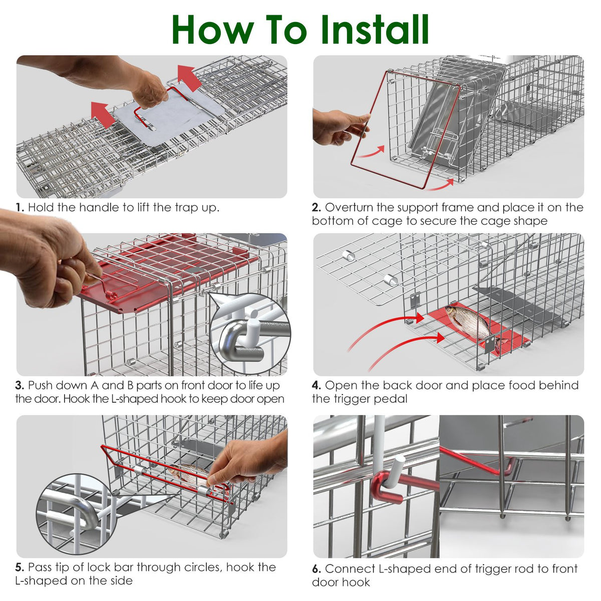 2Pcs 24X7.48X8.27IN Folding Humane Live Animal Trap Cages Easy To Catch And Release Foldable Cat Trap Galvanized Steel F