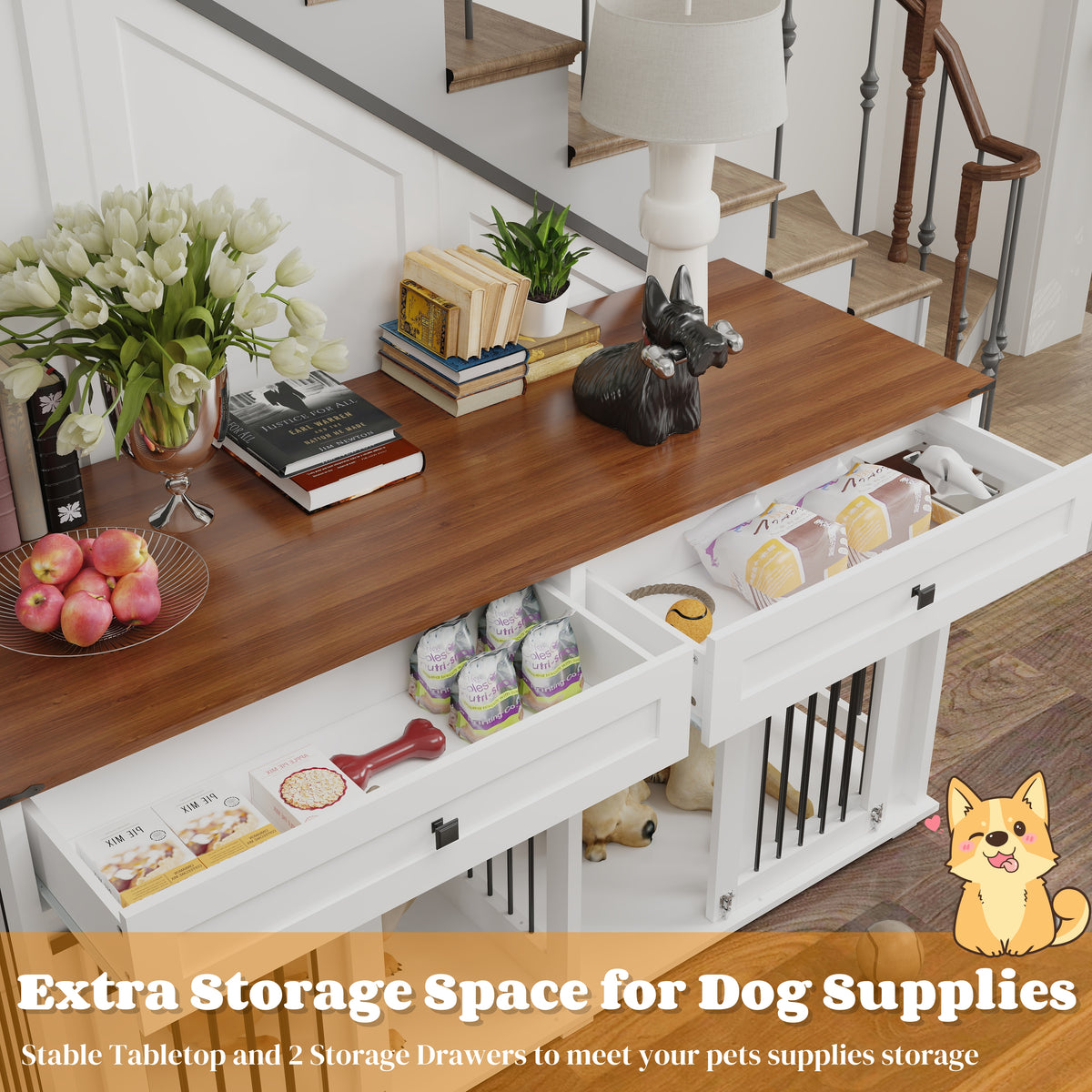 63'' Large Dog Crate Furniture For Double Dog, Wooden Dog Kennel With 2 Drawers,Divider And Sliding Door, Water Resistan