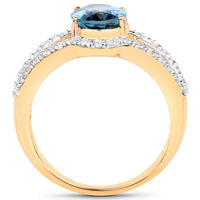14K Yellow Gold Plated 2.30 Carat Genuine London Blue Topaz and White Topaz .925 Sterling Silver Ring