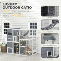 76" Catio Outdoor Cat Enclosure with Cat Condo, Jumping Platforms, Ladder, Ramps, Hammock for 2-3 Indoor Cats, Grey