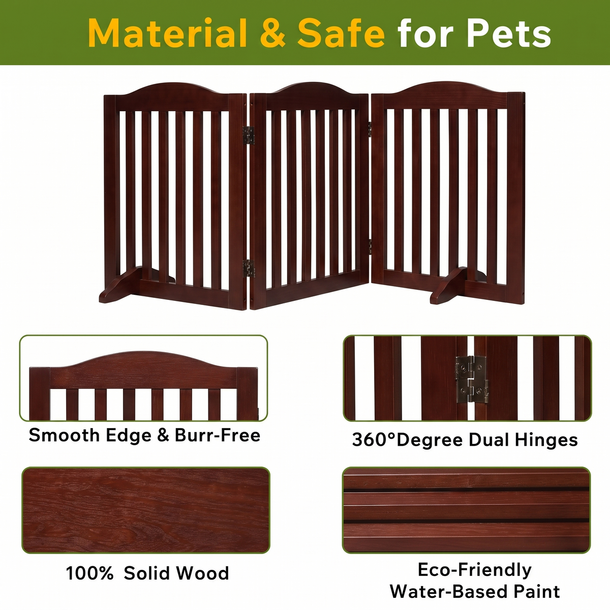 Wooden Freestanding Foldable Pet Gate for Dogs, 24 inch 3 Panels Step Over Fence, Dog Gate for The House, Doorway