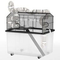 2 Tier Hamster Cage With 12 Deep Tray, Tube System, Water Bottle, Ramp, Feeding Bowl, Black
