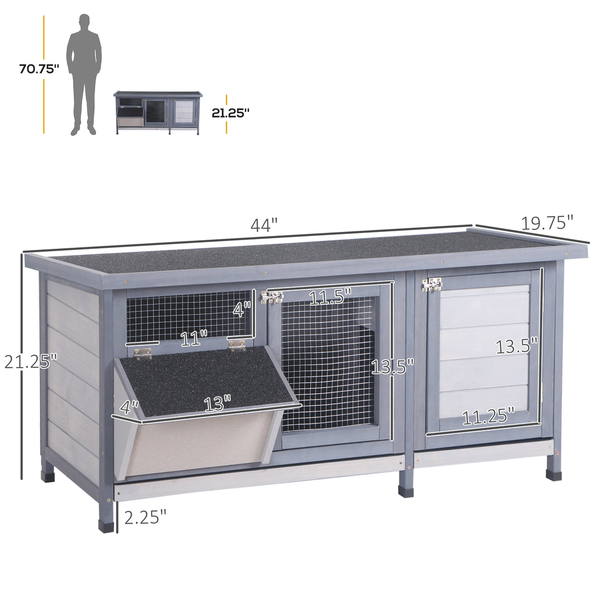 Wooden Rabbit Hutch Bunny Hutch Cage Guinea Pig with Waterproof Roof, No Leak Tray and Feeding Trough, for Rabbits, Chic
