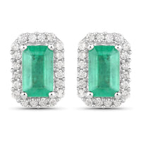 0.91 Carat Genuine Zambian Emerald and White Diamond 14K White Gold Earrings
