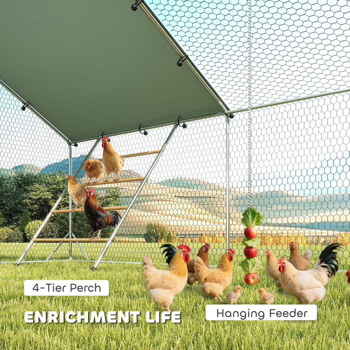 Metal Chicken Run w/ Waterproof & Anti-UV Cover, Feeding Door, Hanging Feeder, for 18-24 Chickens, 9.8 x 19.7 x 6.4