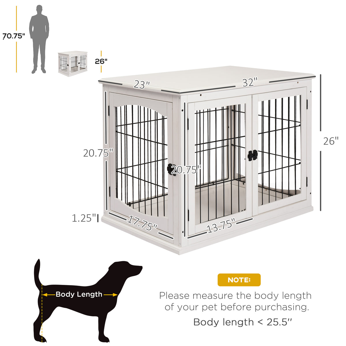 Dog Crate Furniture, 32" Small Dog Cage End Table with 2 Doors, Lockable Door, Puppy Kennel Indoor, White