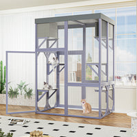 Outdoor Wooden Catio Multi-functional Cat Enclosure, 4 Platforms & 2 Napping Houses, 2 Strong Locks, Rounded Corner, Ste