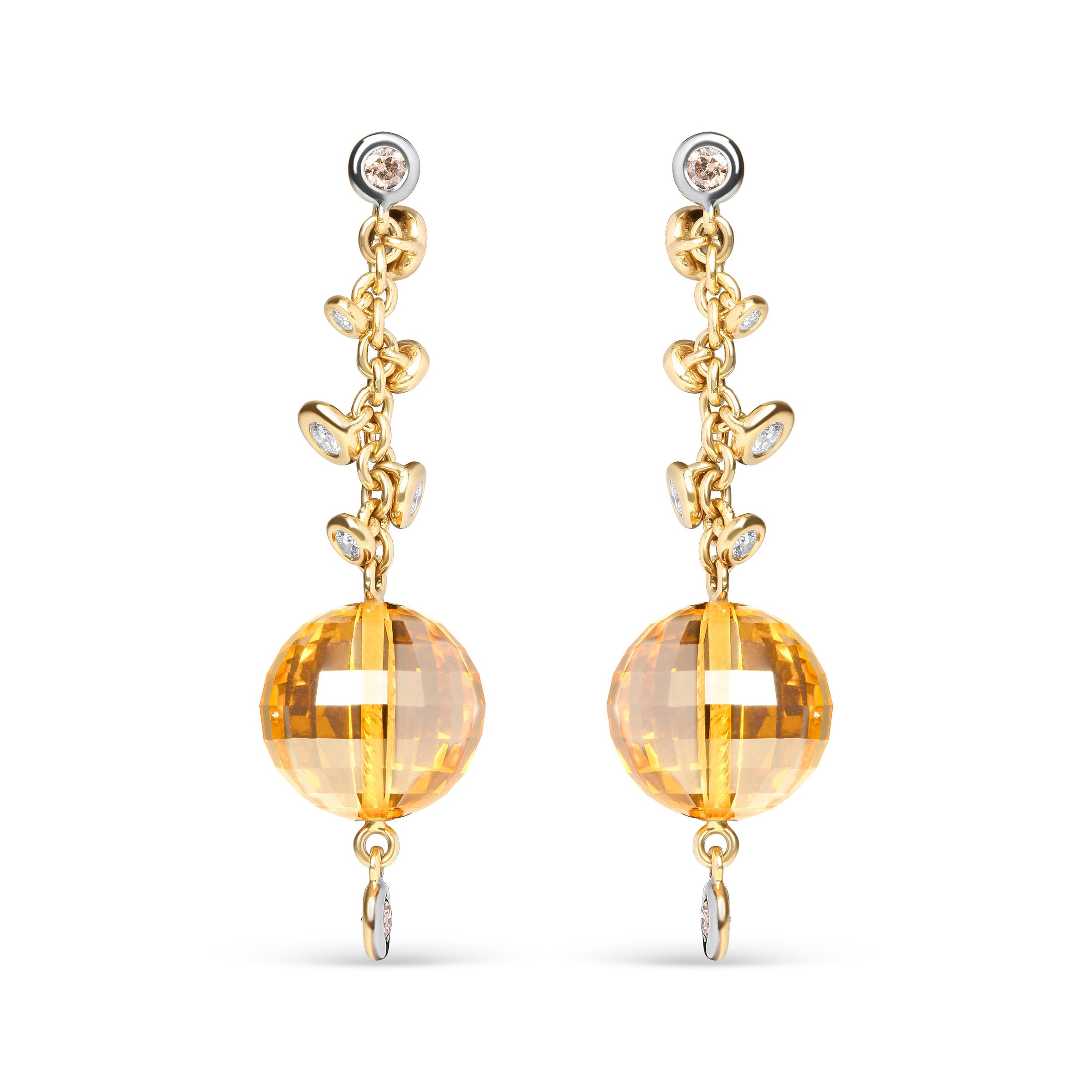 18K Yellow Gold 2/3 Cttw Round Bezel Diamond and 25mm Ball Shaped Yellow Citrine Gemstone Dangle Stud Earring (Brown and G-H Color, SI1-SI2 Clarity)