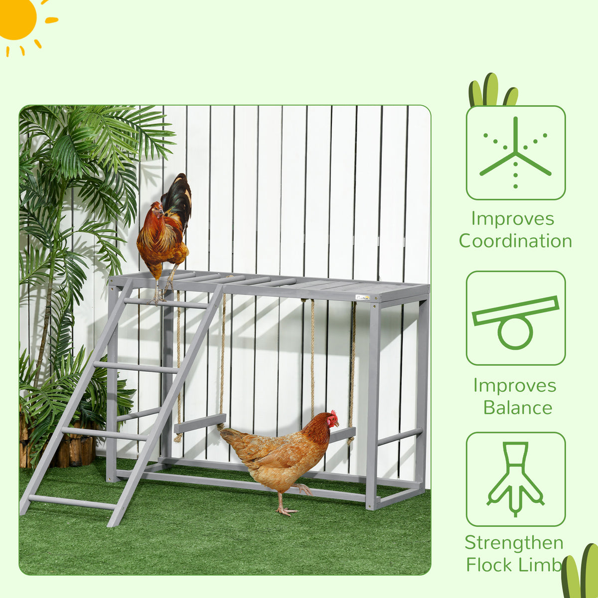 Chicken Activity Play with Swing Set for 3–4 Birds, Wooden Chicken Coop Accessory with Multiple Perches & Hen Ladder, Gr