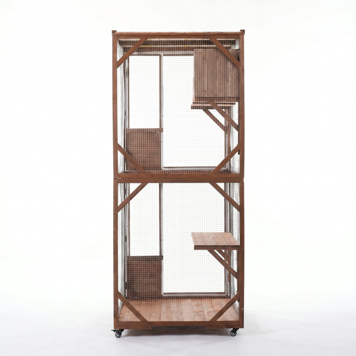 Large 2-Tier Outdoor Wooden Cat Enclosure on Lockable Wheels, Solid Fir Cat Cage with Multi-Level Platforms & Resting Ho