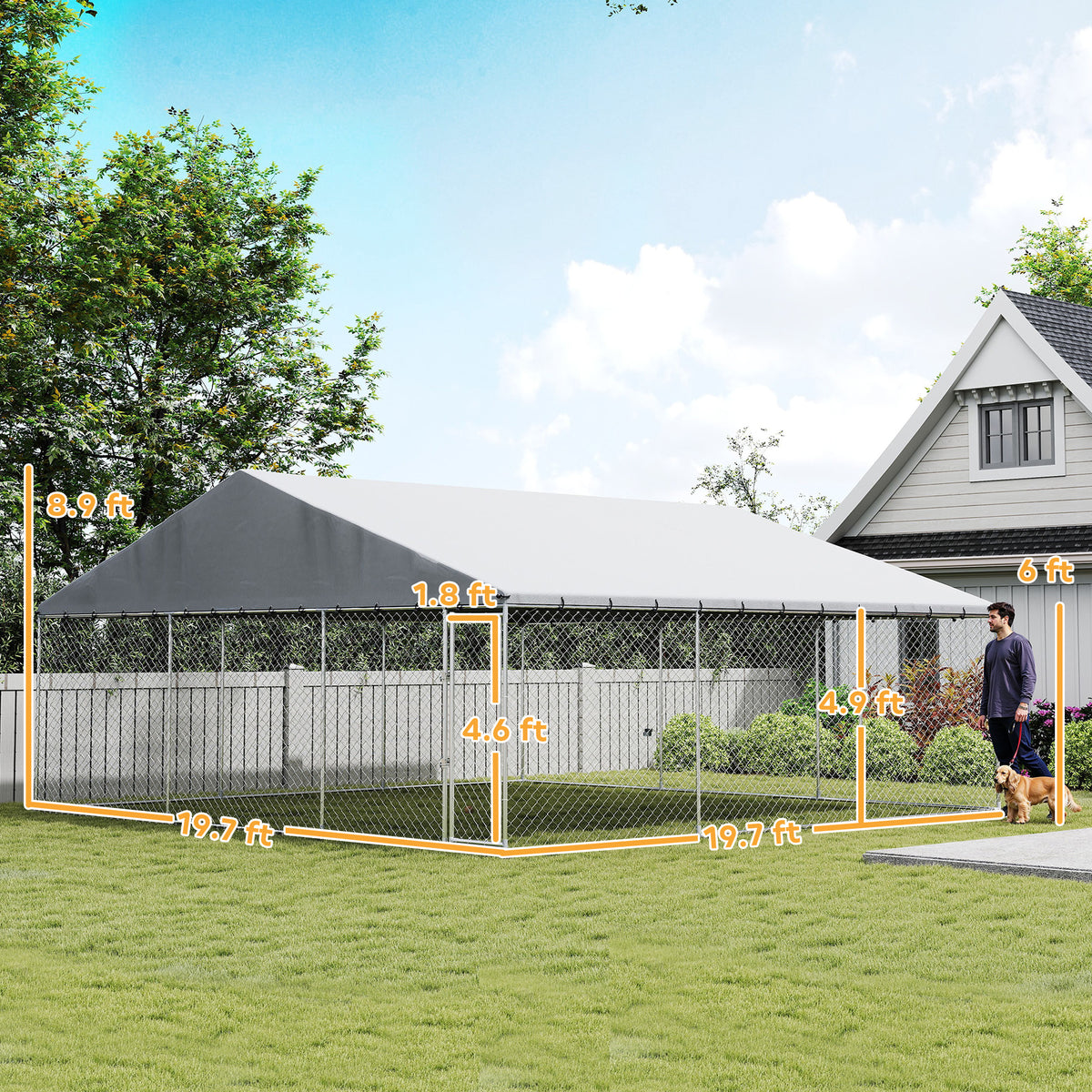 Heavy Duty Outdoor Dog Kennel with Waterproof Roof, Secure Latch, Chain Link Dog Run for Backyard, 19.7 x 19.7 x 8.9