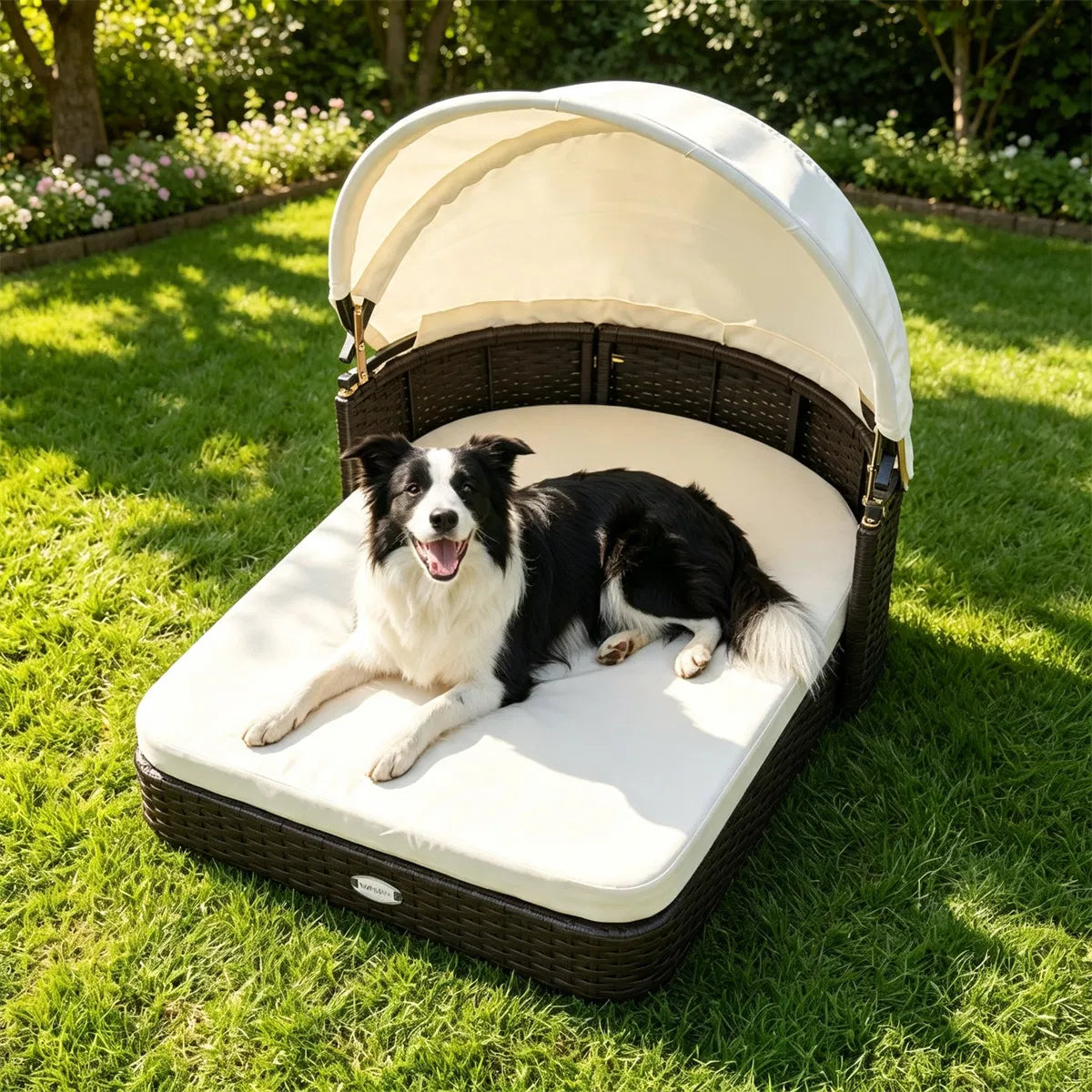 Hand-Woven PE Rattan Dog Bed with Adjustable Canopy, Elevated Outdoor Pet Daybed with Washable Plush Cushion, Anti-Slip 
