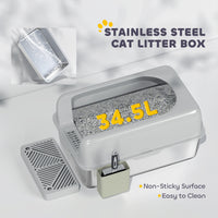High Sided Stainless Steel Litter Box with Metal Scoop & Scoop Holder, for Easy Clean& Anti-Urine Leakage, Light Gray