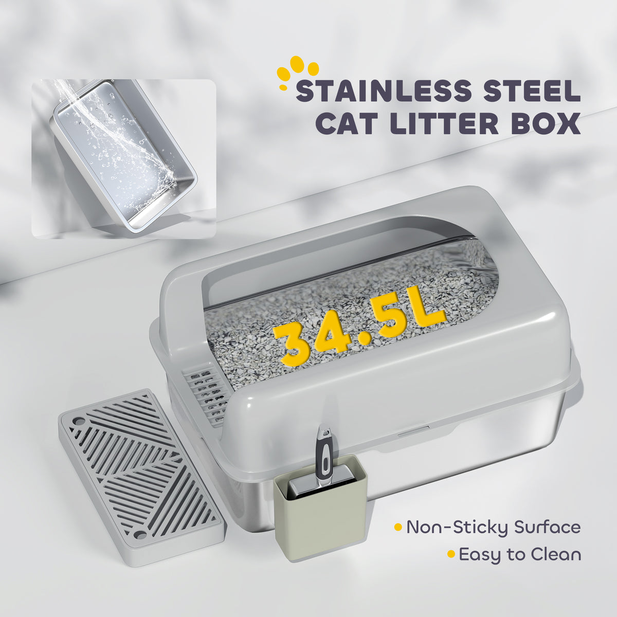 High Sided Stainless Steel Litter Box with Metal Scoop & Scoop Holder, for Easy Clean& Anti-Urine Leakage, Light Gray