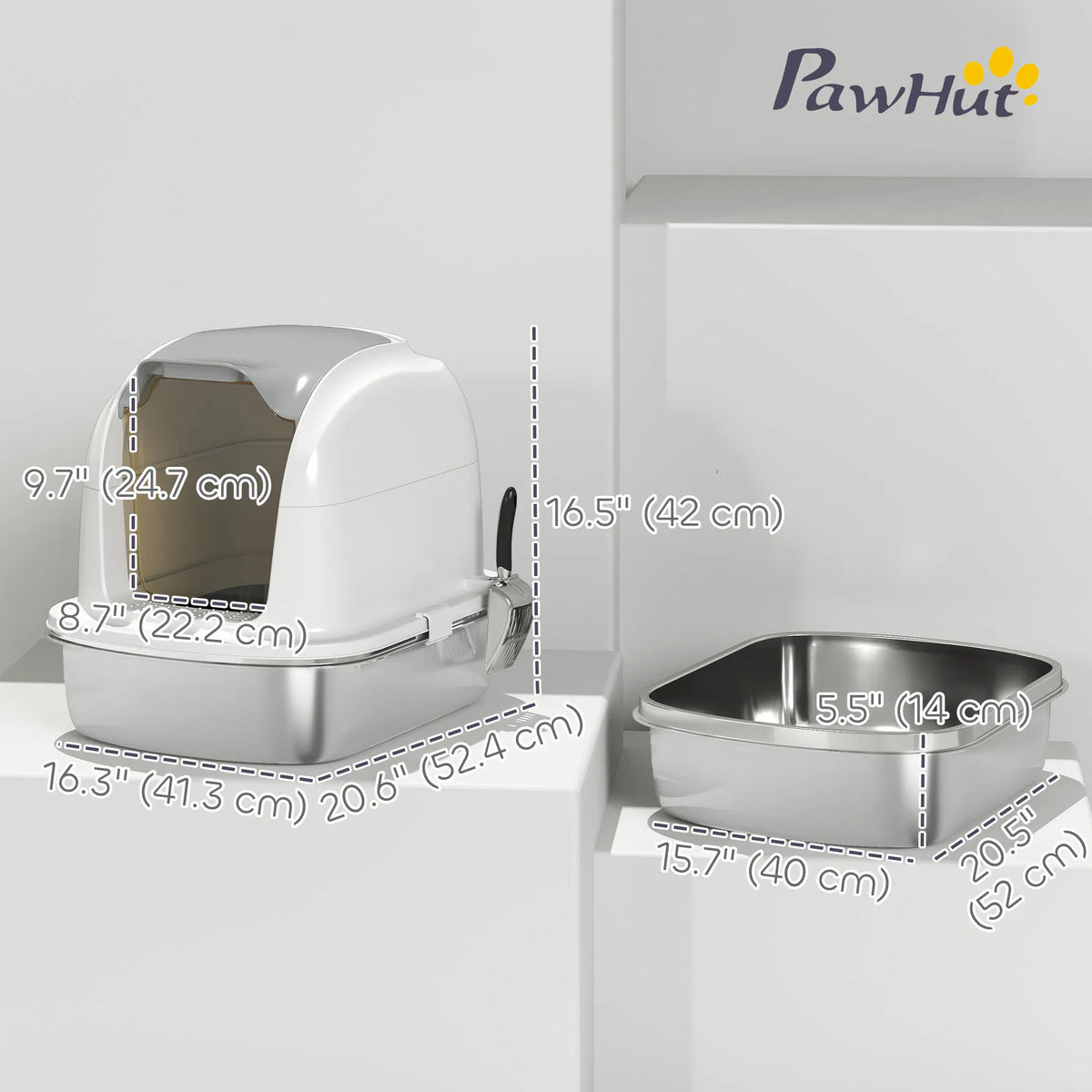 XL Stainless Steel Cat Litter Box with Lid for Big Cats, Enclosed Cat Litter Box with Flip Cover, Scoop