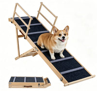 6-Level Adjustable Foldable Pet Ramp , Solid Pine Wood Non-Slip Dog Stairs with Side Rails, 145 lbs Heavy Duty Pet Step 
