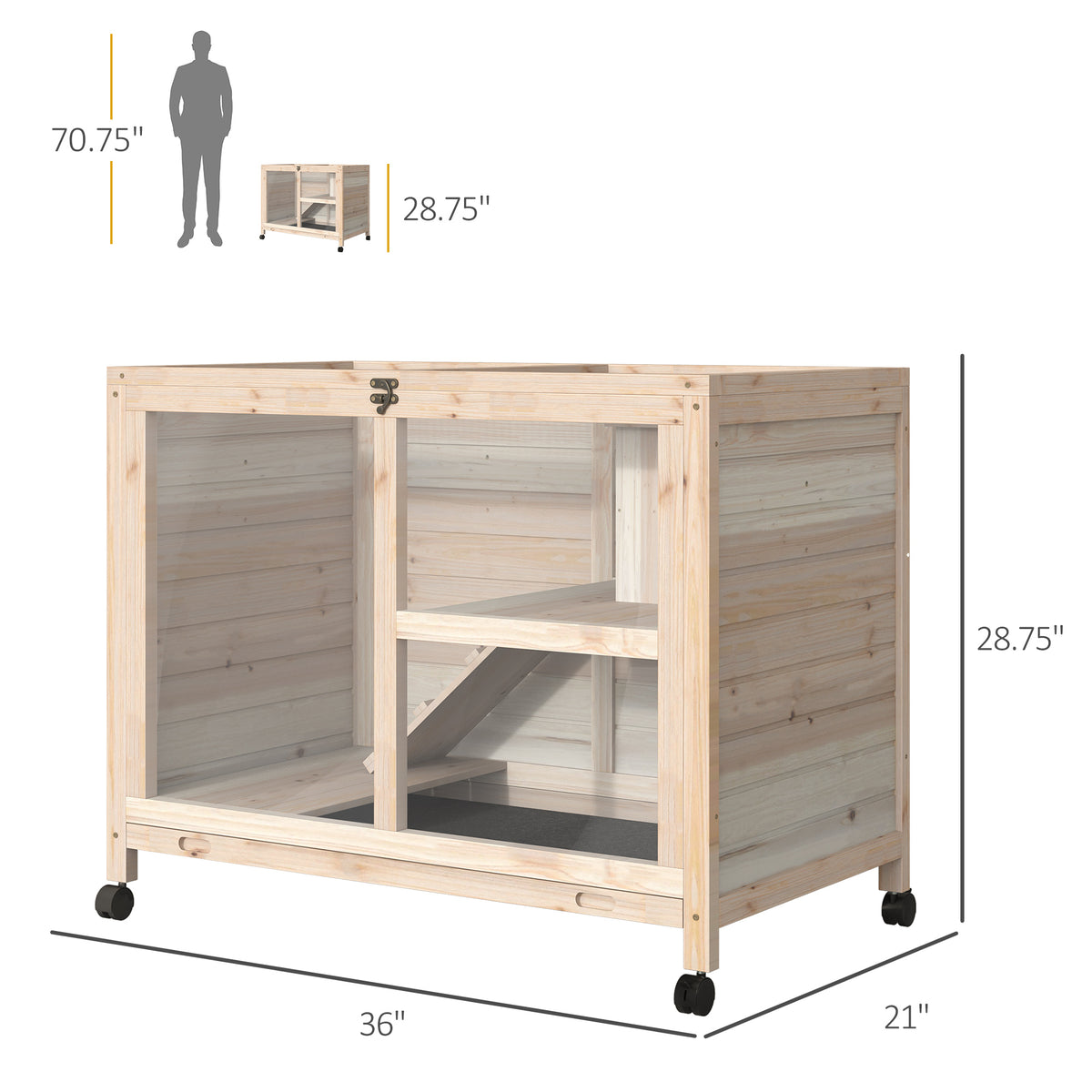 Rabbit Hutch with Wheels, Desk and Side Table Sized, Wooden Rabbit Cage, Waterproof Small Bunny Cage with Removable Tray
