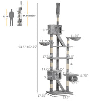 Floor to Ceiling Cat Tree, 94.5-102.5 inch Height Adjustable Cat Climbing Tower with Scratching Posts, Condos, Hammocks