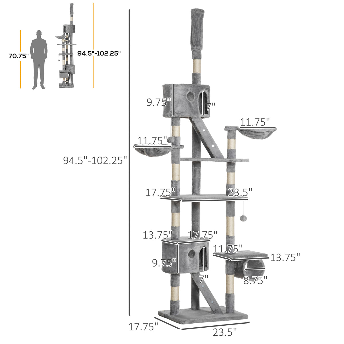 Floor to Ceiling Cat Tree, 94.5-102.5 inch Height Adjustable Cat Climbing Tower with Scratching Posts, Condos, Hammocks