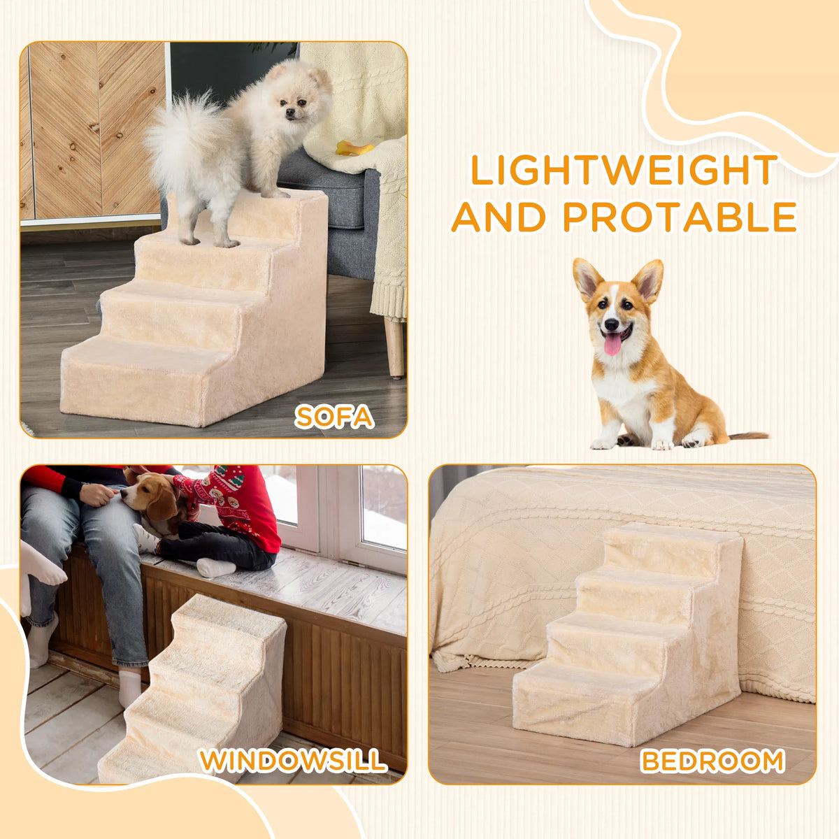 4-Step Dog Ramp for Sofa, Bed, and Couch, with Removable Cover, Beige