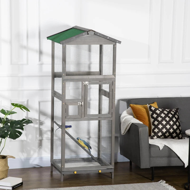 Wooden Bird Cage Outdoor Aviary House For Parrot, Parakeet, With Pull Out Tray And 2 Doors, Grey